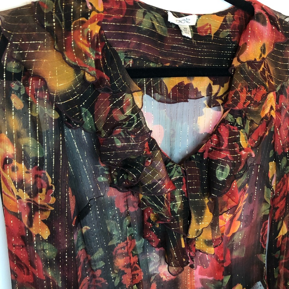 Cache Foliage Colors Sheer Floral Ruffle Blouse with Metallic Stripe XS - Picture 4 of 6